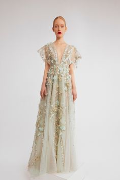 Floral embriodered tulle gown with coat – HERTROVE Gown With Coat, Marchesa Couture, Hannibal Laguna, Tulle Embroidery, Long Midi, Midi Dress Style, Tulle Gown, Long Midi Dress, Green Coat