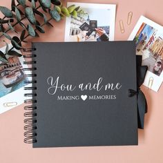 a notebook with the words you and me making memories written on it next to photos