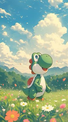 a green and white dinosaur standing in the middle of a field with flowers on it