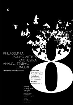 the poster for philadelphia young artist's annual festival concert is shown in black and white