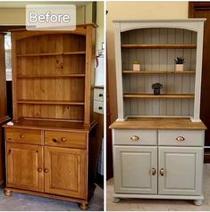 the before and after of an old china cabinet