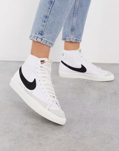 Nike Blazer Mid '77 vintage sneakers in white/black | ASOS Shoes For Women Fall, Nike Mens Tennis Shoes, Fall Shoes For Women, Fall Shoes Women, 2023 Sneakers, Nike Blazer Mid 77 Outfit, Bold Heels, Autumn Shoes Women