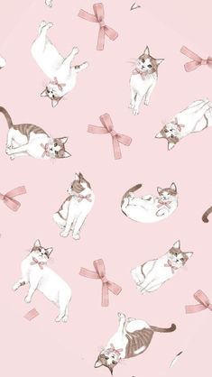 a pink background with cats and bows on the top one cat is laying down while the other lies down