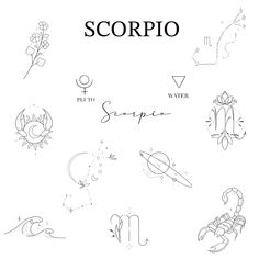 scorpio zodiac symbols and their names are drawn in black ink on a white background