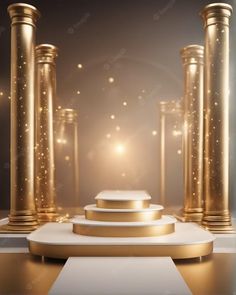 an image of a podium with gold pillars and lights in the background, 3d rendering