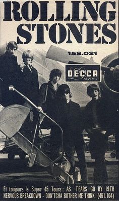 the rolling stones concert poster for deca in 1971, with their band members standing next to an airplane