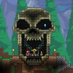 an old computer game with a skull on the front and back side, surrounded by trees