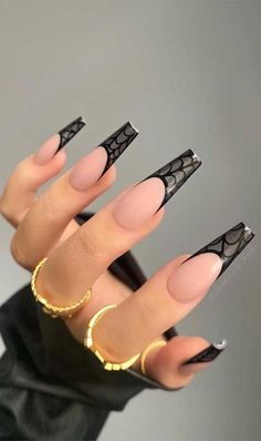 32 Prettiest Autumn Nail Art Designs : Spider Web French Tip Nails | Halloween acrylic nails, Fire nails, Long acrylic nails Whole Sleeve Tattoos For Women Unique, Edgy Nails, Goth Nails, Colorful Nails, Grunge Nails, Classy Acrylic Nails, Fire Nails