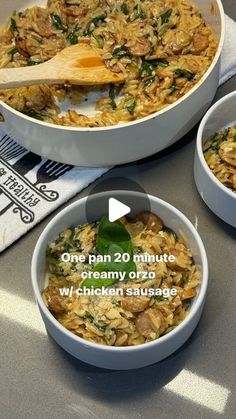 three bowls filled with food on top of a table