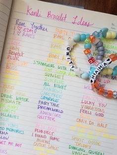 an open book with colorful bracelets and name tags on the pages that read kandi brauch ideas