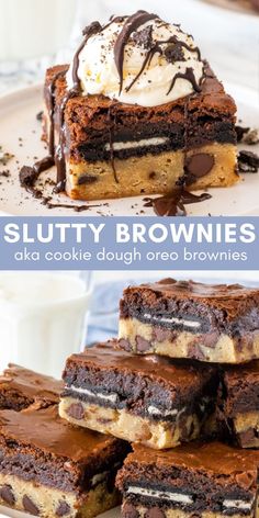 cookies and oreo brownies stacked on top of each other with the words cookie dough oreo brownies