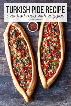 two flatbread pizzas with toppings on top and the words turkish pride recipe over them