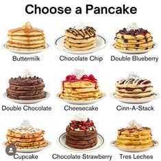 different types of pancakes on plates with the words choose a pancake in each one