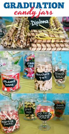 graduation candy jars with chalkboard labels on them and labeled graduation candies in glass containers