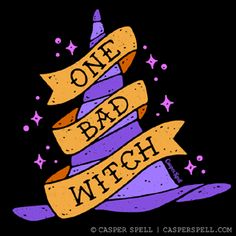 a purple and yellow hat with the words one bad witch on it's side