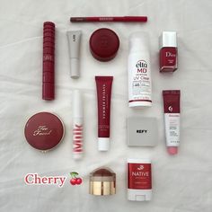 Cherry Makeup Products, Cherry Red Makeup, Cherry Makeup Look, Cherry Core, Cherry Products, Red Blush, Makeup Accesories, Cherry Lips, Red Makeup