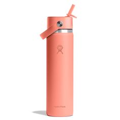 a pink water bottle with a straw sticking out of it