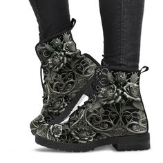 Designed in Australia - Printed and shipped from China Stunning silver and black rose filligree gothic design on super comfy black Combat style boots.  Custom printed and then lovingly handcrafted into these extra comfortable combat style boots.   These awesome boots have a rounded toe and lace up for a snug fit.   The sole is made of high quality rubber, excellent for traction and durability.   All of my Vegan Leather Boots are custom-made-to-order and handcrafted to the highest quality standar Roses Gothic, Gothic Boots, Combat Style, Vegan Leather Boots, Gothic Design, Boot Print, Style Boots, Soft Textiles, Cool Boots