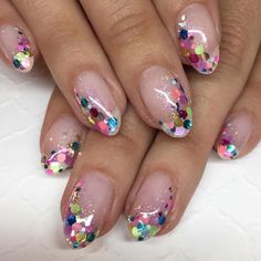 Rainbow Confetti Nails, Confetti French Tip Nails, Neon Glitter Nails Summer, Confetti Nail Art, Sequin Nails, Glitter Nails Design, Acrylic Nail Art Ideas, 2023 Spring Nails, Confetti Nails