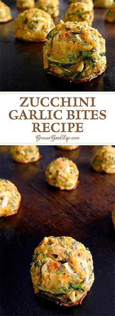 zucchini garlic bites recipe on a baking sheet with the title in the middle