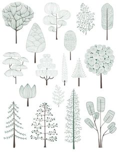 the various trees are drawn in pencil and ink on paper, each with different shapes