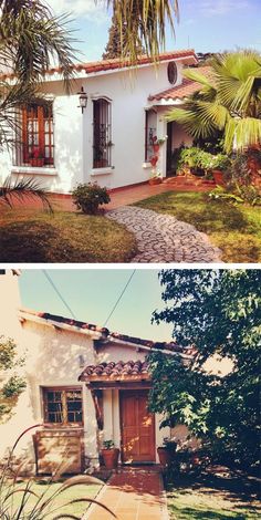 two different houses with palm trees in the front yard and side by side pictures of them