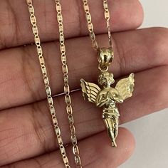 Impeccable And Finely Made 10kt Gold Necklace 10kt Real Gold. Not Plated. Not Filled. 18 Inches 1.5mm Api41788 Comes With Gift Box *All Items Are Certified 100% Real Gold And Stamped In Accordance To Its Karat. You Can Have It Check With Your Local Pawnshop To Have It Tested. Gold Custom Necklace, Future Jewelry, Angel Pendant Necklace, Angel Necklace, Angel Pendant, Custom Necklace, Pretty Jewellery, Real Gold, Tri Color