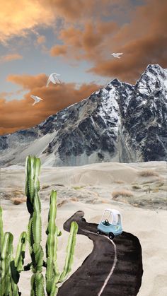 a car driving down a desert road with mountains in the background and birds flying overhead