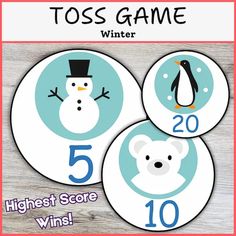 three snowman and penguin numbers with the words toss game winter