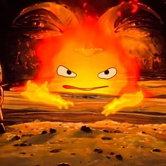 a cartoon character standing in front of a fire with an evil look on his face