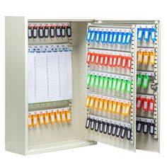 an open metal cabinet with several compartments and dividers on each side, containing various colored binders