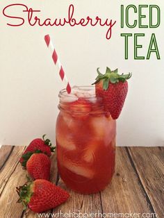 strawberry iced tea in a mason jar with strawberries on the side and text overlay