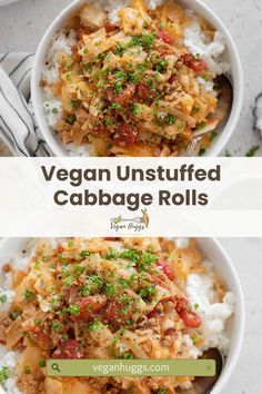 vegan unstufffed cabbage rolls in a bowl with rice and garnishes