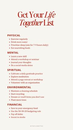 Get your life together with this comprehensive list covering all areas of wellness: physical, mental, spiritual, environmental, and financial. Learn to prioritize your health, cultivate a positive mindset, nurture your spirit, respect your environment, and manage your finances effectively. This list provides a roadmap to a balanced and fulfilling life.  personal development, self improvement, women wealth and wellness club, life organization, physical health, mental health, spiritual growth, environmental respect, financial management, self-improvement, personal development, life balance Motivation For Life Personal Development, Goals For Physical Health, How To Improve Physical Health, How To Prioritize Life, Areas Of Life To Improve, Areas To Improve In Life, Taking Inventory Of Your Life, Life Priorities List, Self Improvement List