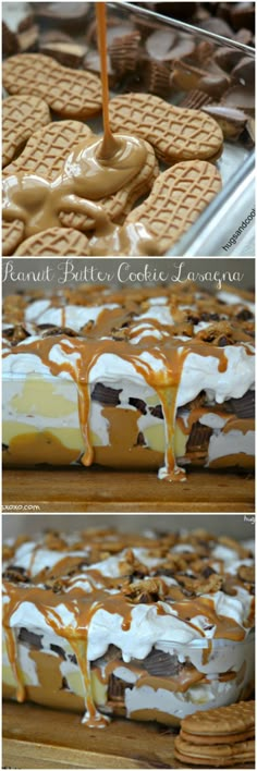 a dessert dish with cookies and caramel drizzled on top, sitting on a cutting board