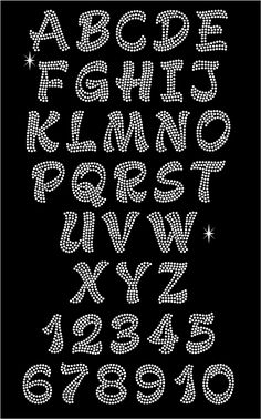 the letters and numbers are made up of small white dots on a black background with sparkles