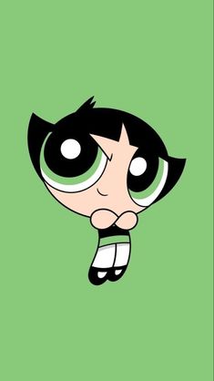 the powerpuff girl cartoon character with green eyes and black hair, on a green background