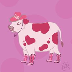 a cow with pink boots and a hat on it's head is standing in front of a purple background