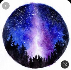 a painting of the night sky with trees and stars