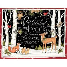 a christmas card with animals and trees in the background