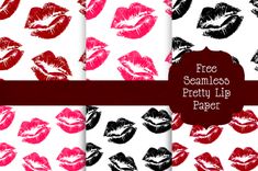 four different lipstick patterns with a red ribbon around the edges and black lips on white background