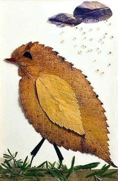 a painting of a bird on top of a leaf