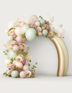 an arch decorated with flowers and balloons in pastel colors is the focal point for this photo