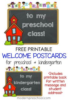 two signs with the words welcome to my preschool class and free printable welcome postcards