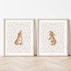 two framed pictures of rabbits sitting on top of a wooden floor next to each other