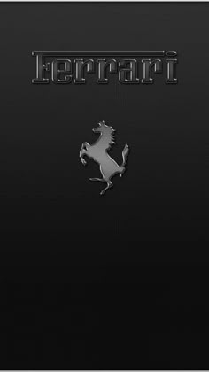 the ferrari logo is shown on a black background with silver letters and an image of a horse