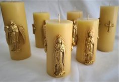 Altar Organic Pure Wax Pillar Handcrafted Spiritual candles Unscented or slightly scented pillar candles decorated with handcrafted wax sculpture of praying Mary and Crosses Organic bee wax is soft, and to make large candles be firm I add a little of wax hardener. You might see a little brown crams in some of them, that how organic natural bee wax should be. No color added. All figures made out of wax so they will melt along with candle. You can customize your order choosing gold or silver sculp Wax Sculpture, Safe Candles, Bee Wax, Bee Wax Candles, Scented Pillar Candles, Spiritual Candles, Candle Altar, Organic Candles, Paper Flower Decor