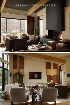 two pictures of a living room with couches, chairs and fireplace in the middle