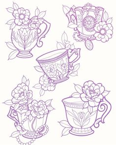 teacups with flowers and leaves on them are drawn in purple ink by hand