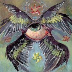 an oil painting of a bird with its wings spread out and eyes wide open in front of the viewer